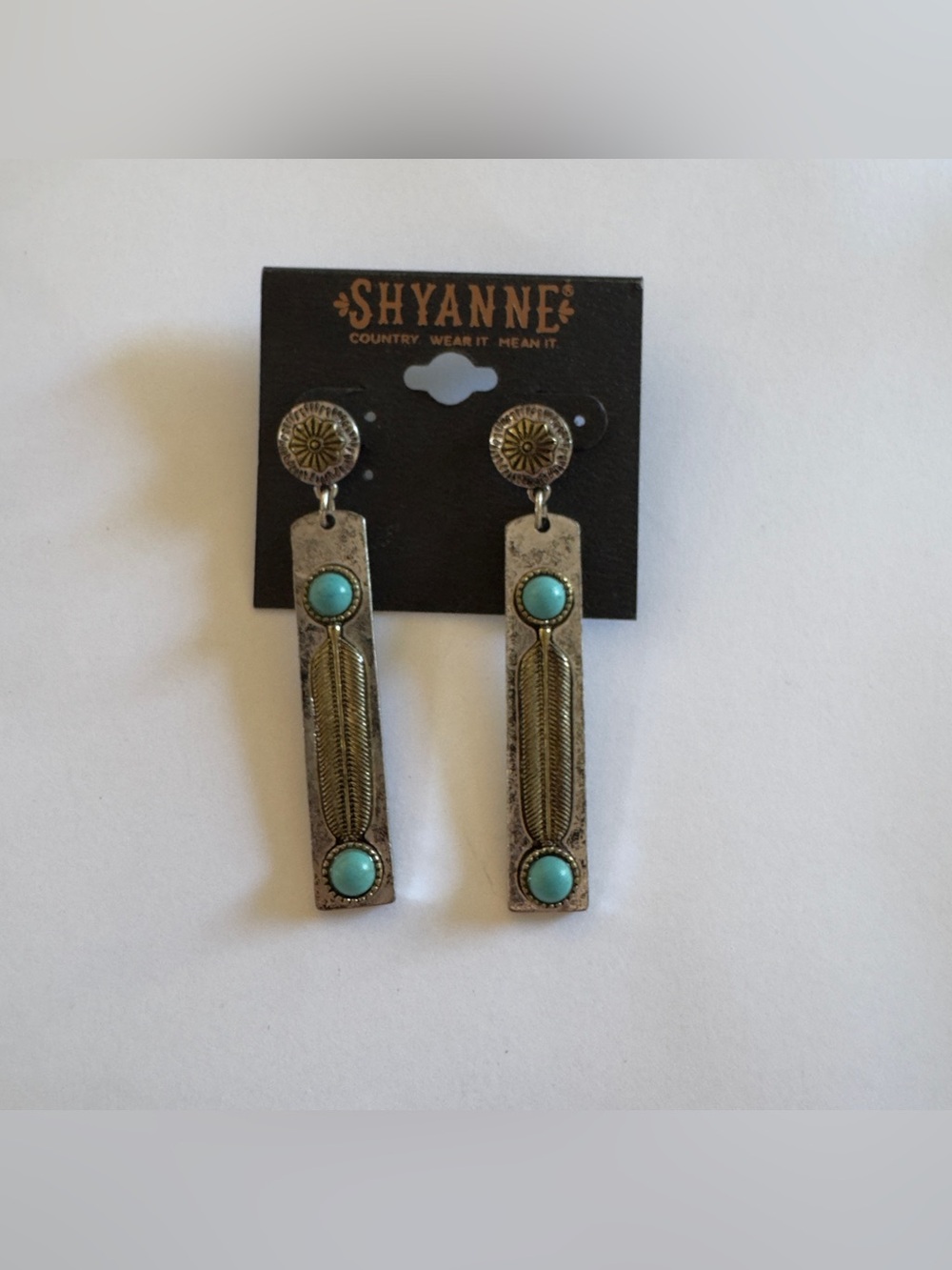 2.10” Shyanne Turquoise and Mixed Metal Feather Bar Drop Earrings